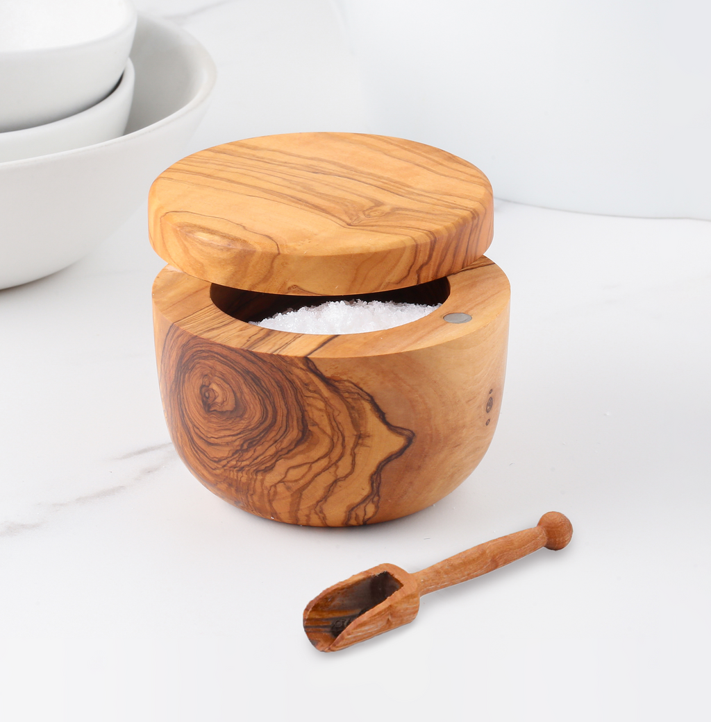 Handmade Olive Wood Salt Cellar with Magnetic Lid
