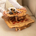 Handcrafted Olive Wood Chess Set with Drawers and Legs and Red Squares