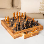 Handcrafted Olive Wood Chess Set with Drawers