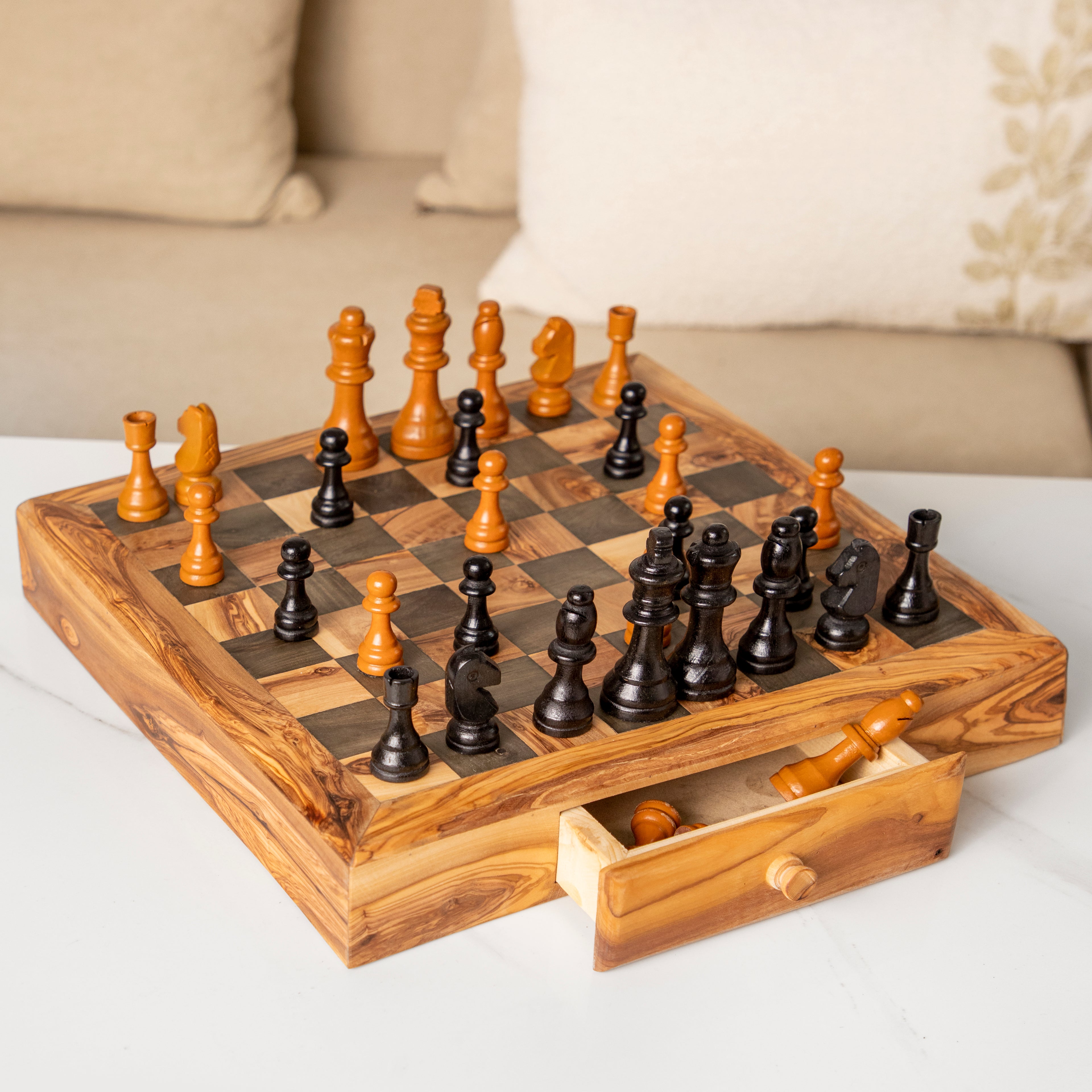 Handcrafted Olive Wood Chess Set with Drawers