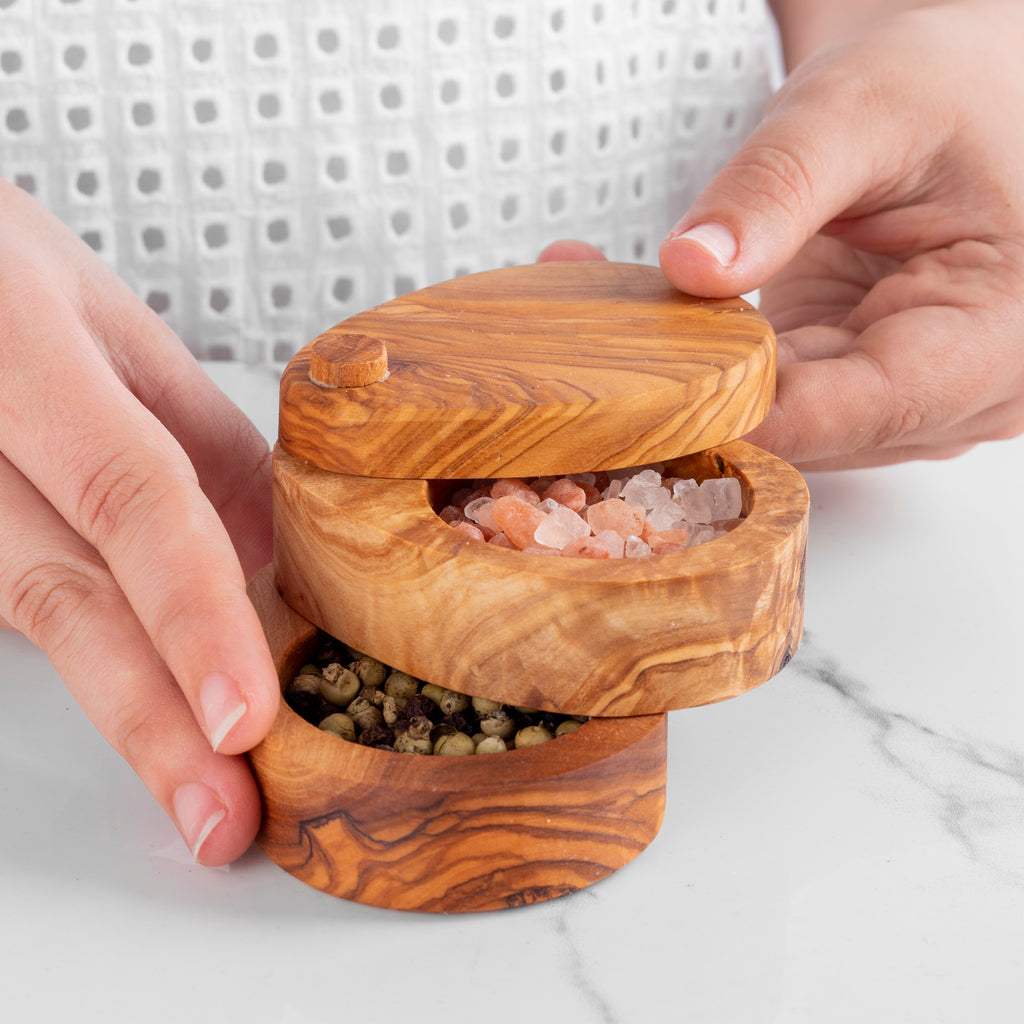 Handmade Olive Wood Salt Double Layer – Rustic & Sustainable Kitchen