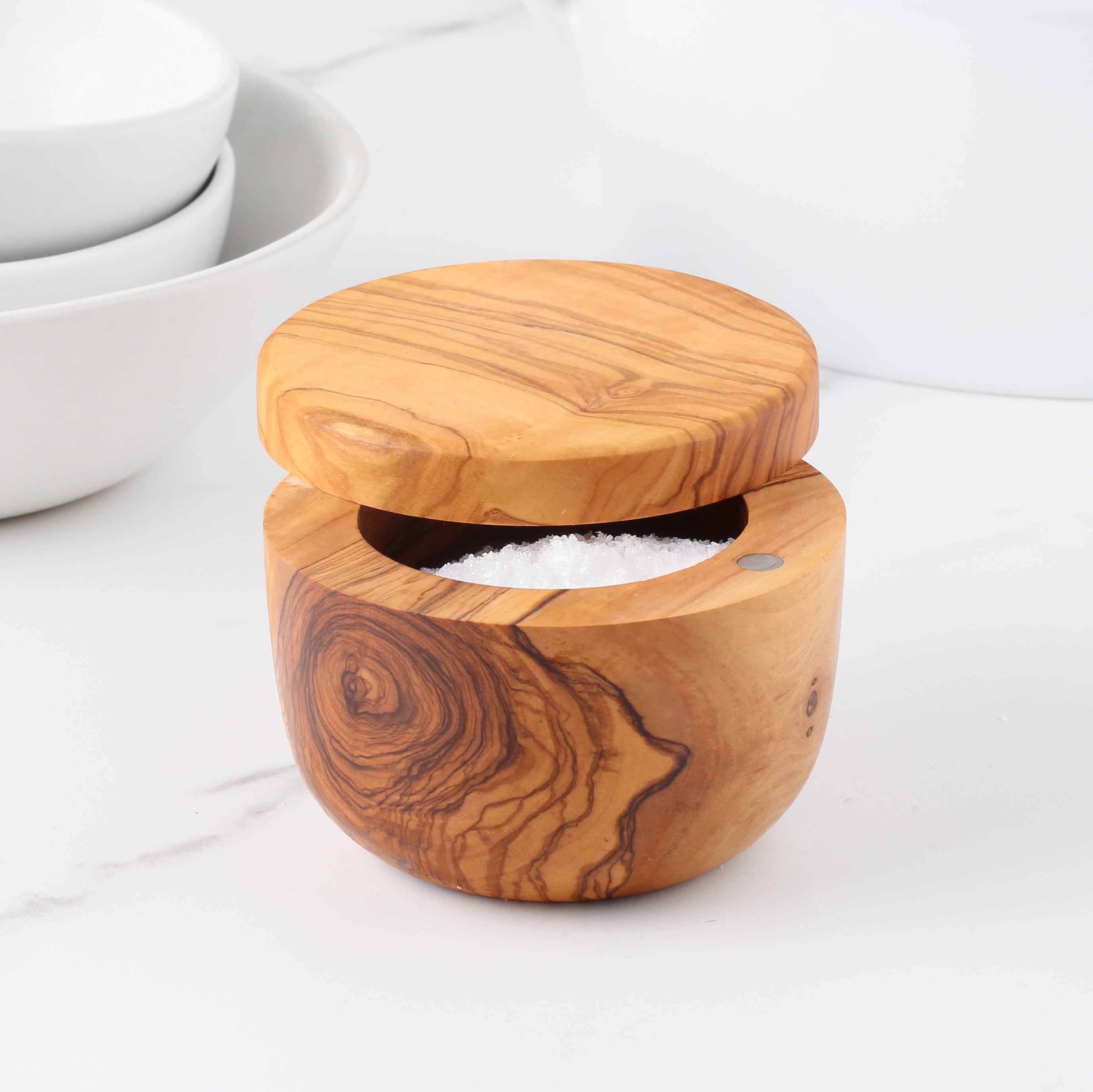 Handmade Olive Wood Salt Cellar with Magnetic Lid