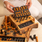 Handmade Olive Wood Chess Set with One Large Rustic Drawer