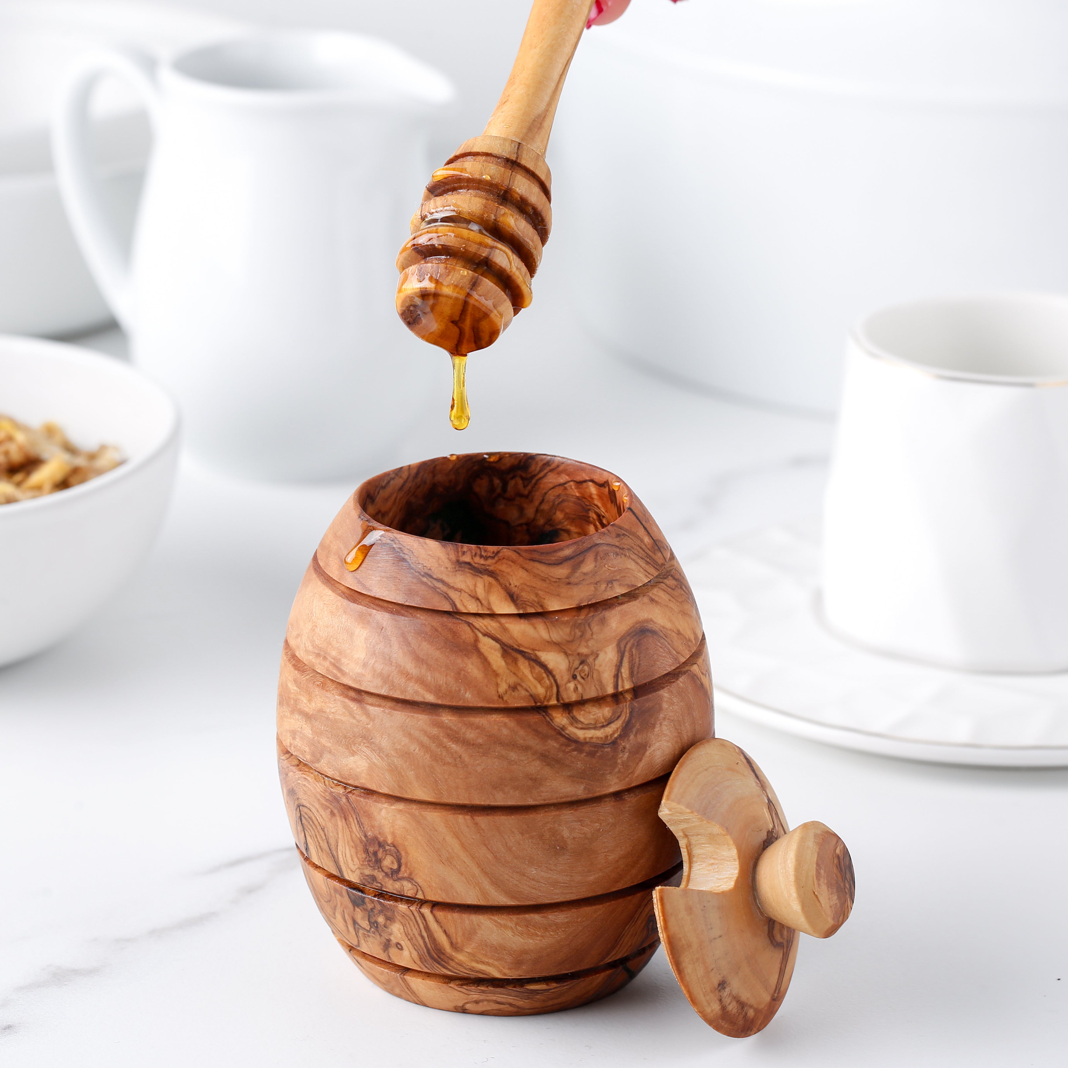 Rustic Olive Wood Honey Jar & Dipper – Hand-Carved