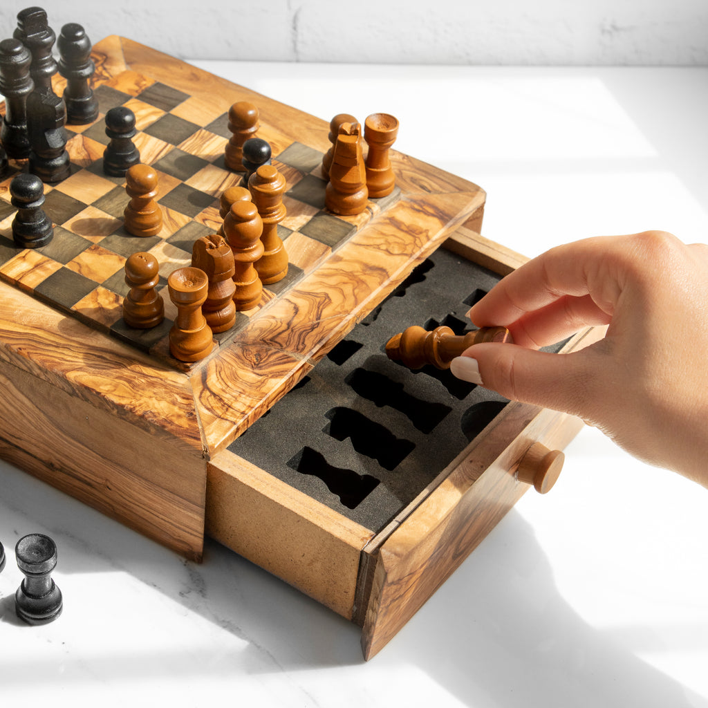 Handcrafted Square Olive Wood Chess Set with One Large Drawer