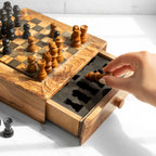 Handcrafted Square Olive Wood Chess Set with One Large Drawer