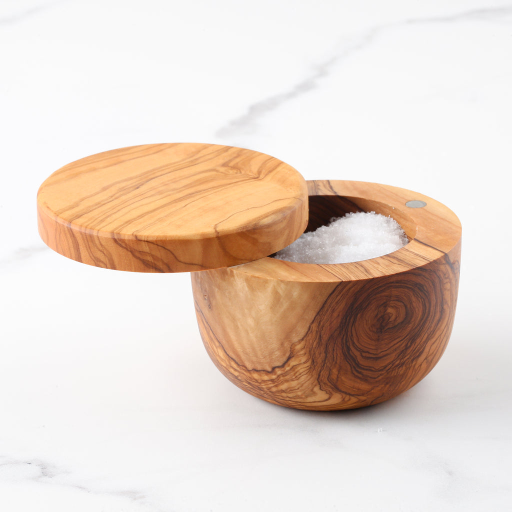 Handmade Olive Wood Salt Cellar with Magnetic Lid