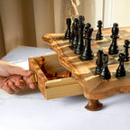 Handcrafted Olive Wood Chess Set with Wavy-Edged Board and Rustic Legs