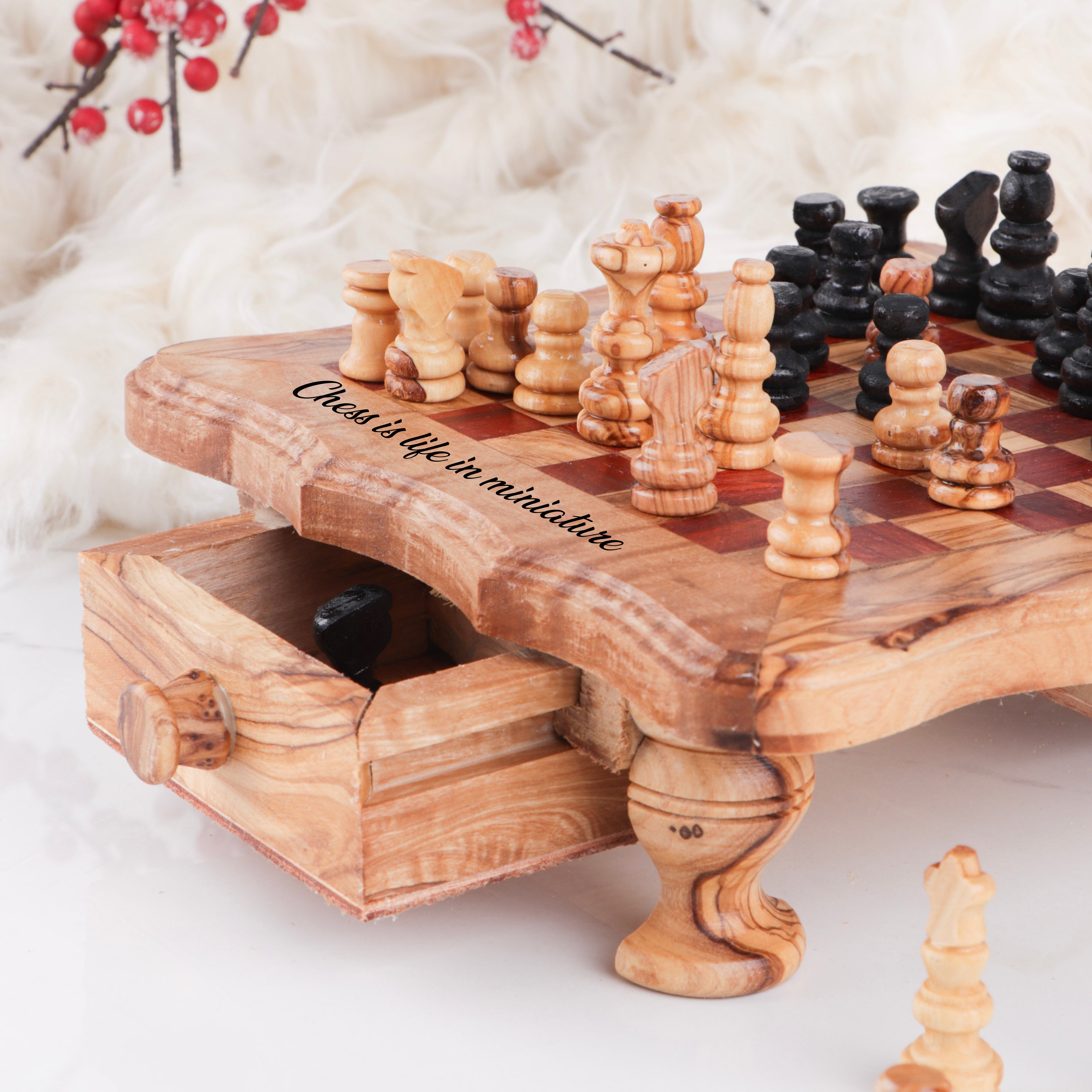 Chess Set with Wavy-Edged Board and Rustic Legs and Red Squares