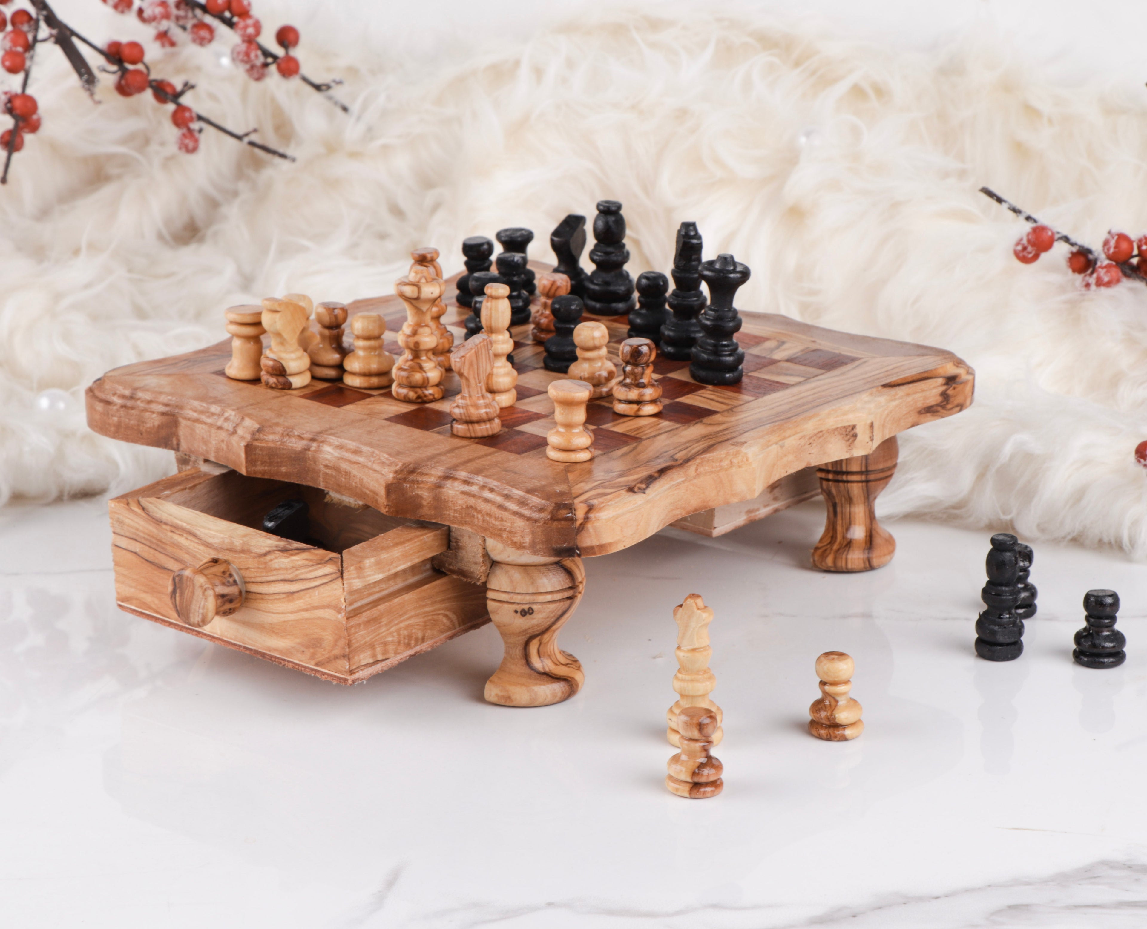 Chess Set with Wavy-Edged Board and Rustic Legs and Red Squares