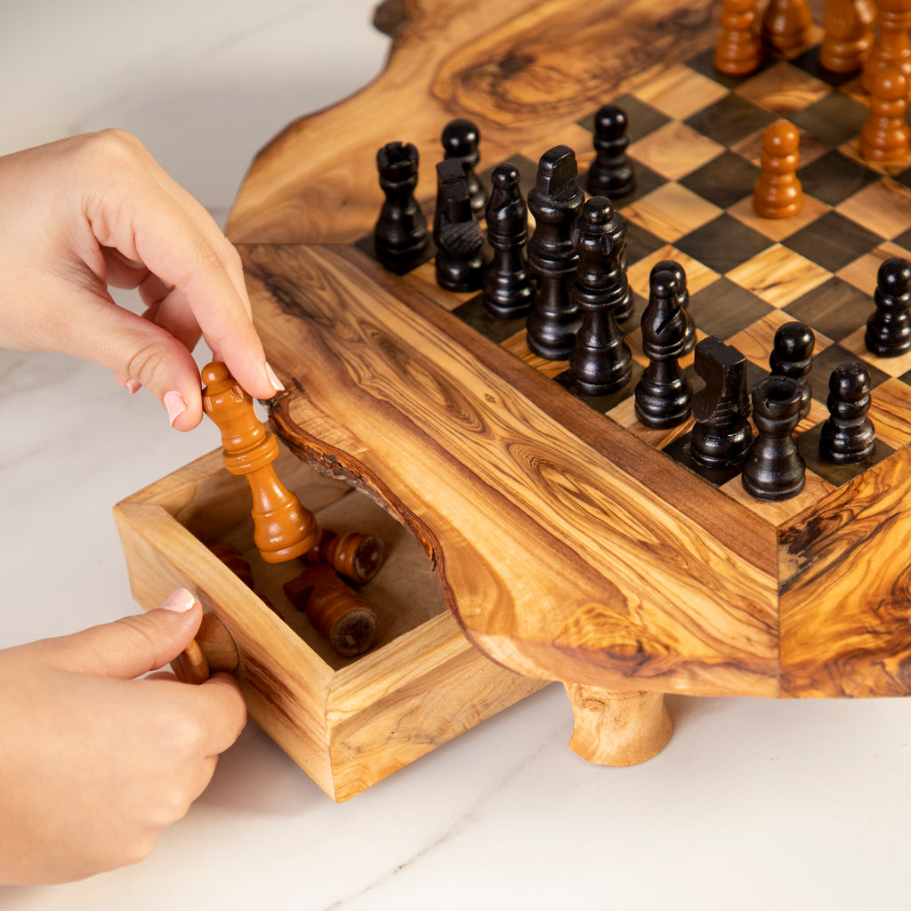 Handcrafted Olive Wood Chess Set with Drawers and Legs for Home Decor