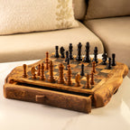 Handmade Olive Wood Chess Set with One Large Rustic Drawer
