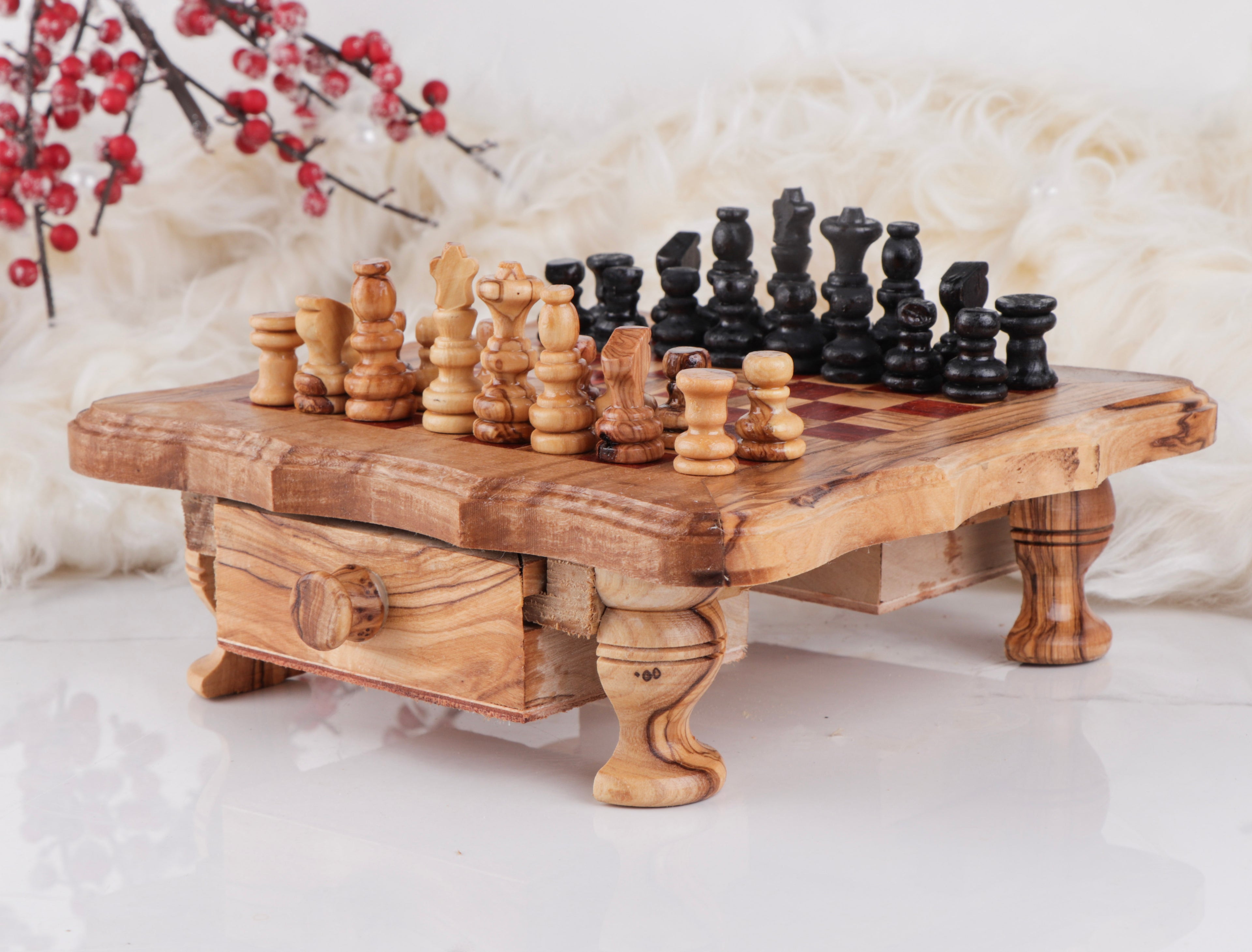 Chess Set with Wavy-Edged Board and Rustic Legs and Red Squares