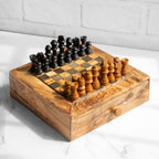 Handcrafted Square Olive Wood Chess Set with One Large Drawer