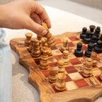 Olive Wood Chess Set with Square Wavy Board and Red Squares