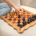 Olive Wood Chess Set with Square Wavy Board and Red Squares