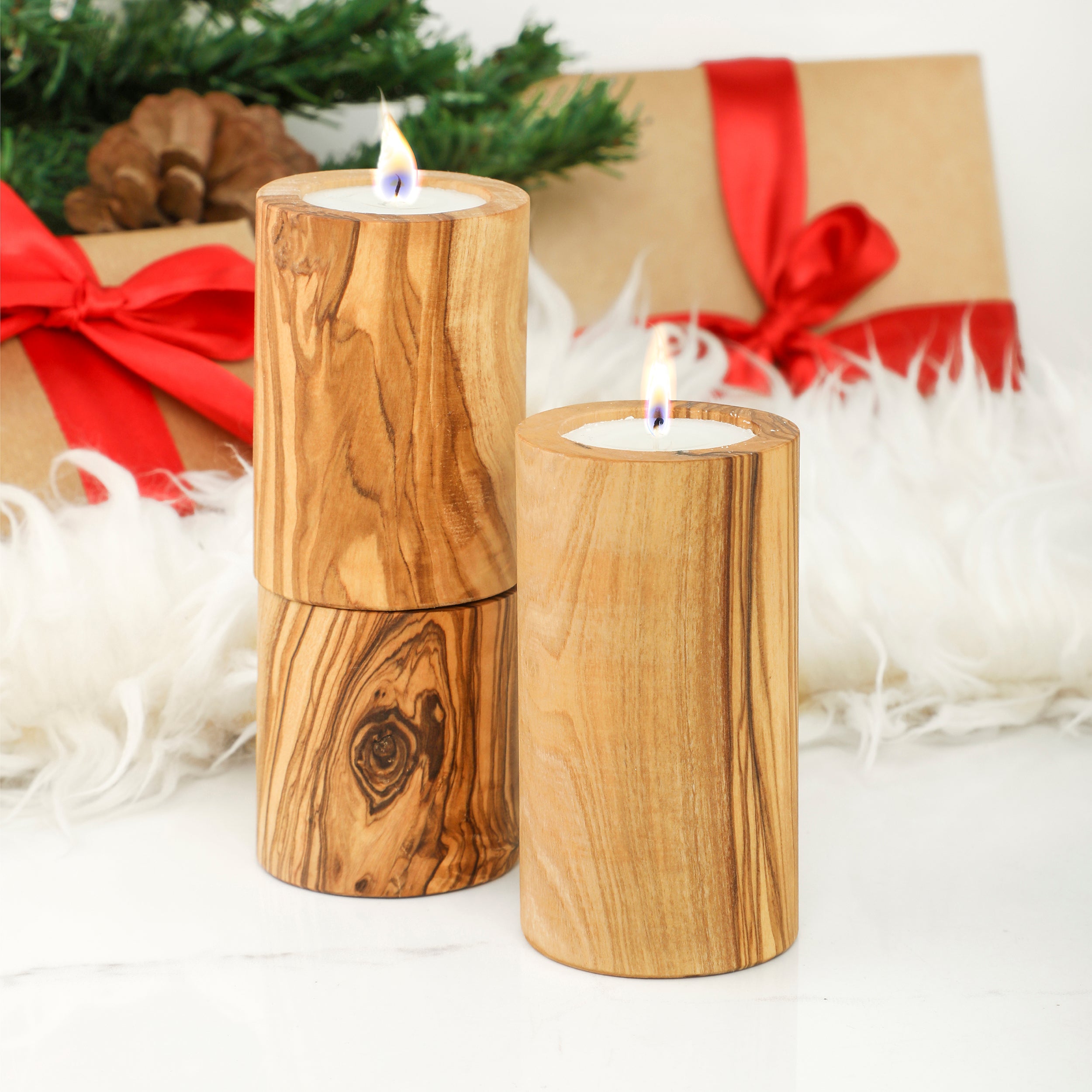 Handcrafted Tunisian Olive Wood Set of 3 Candle Holders