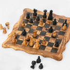 Artisan Olive Wood Chess Set with Square Wavy Board