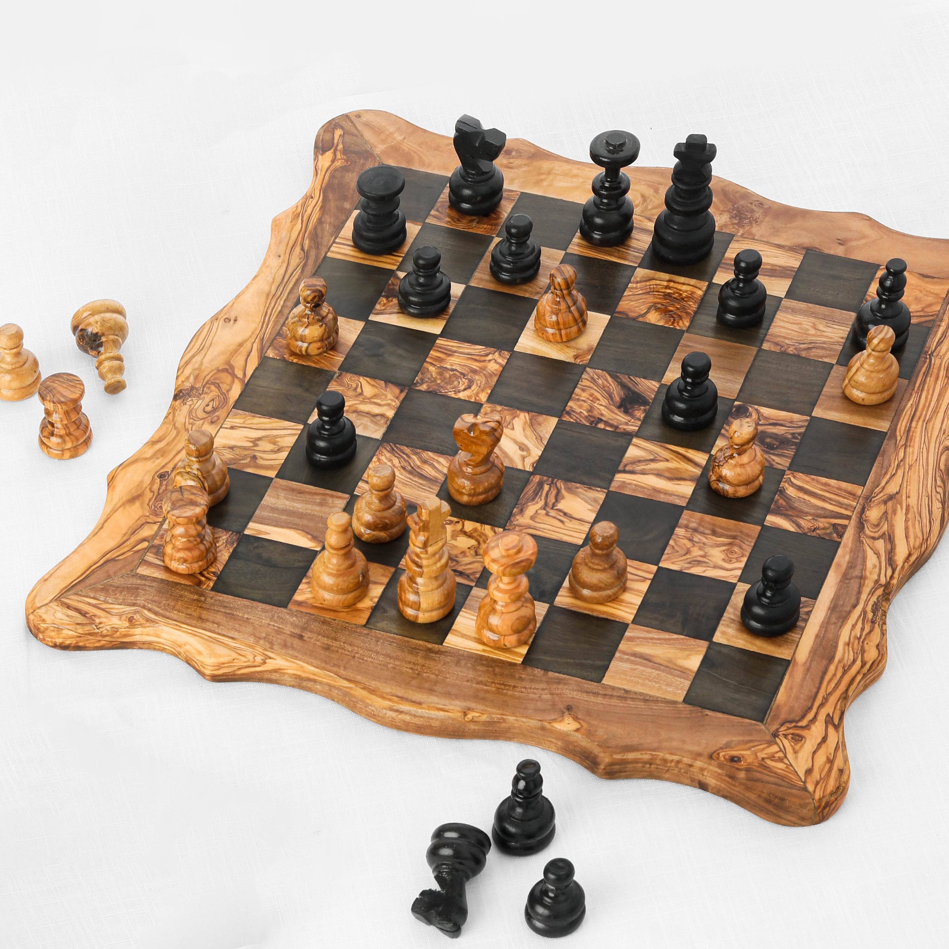 Artisan Olive Wood Chess Set with Square Wavy Board
