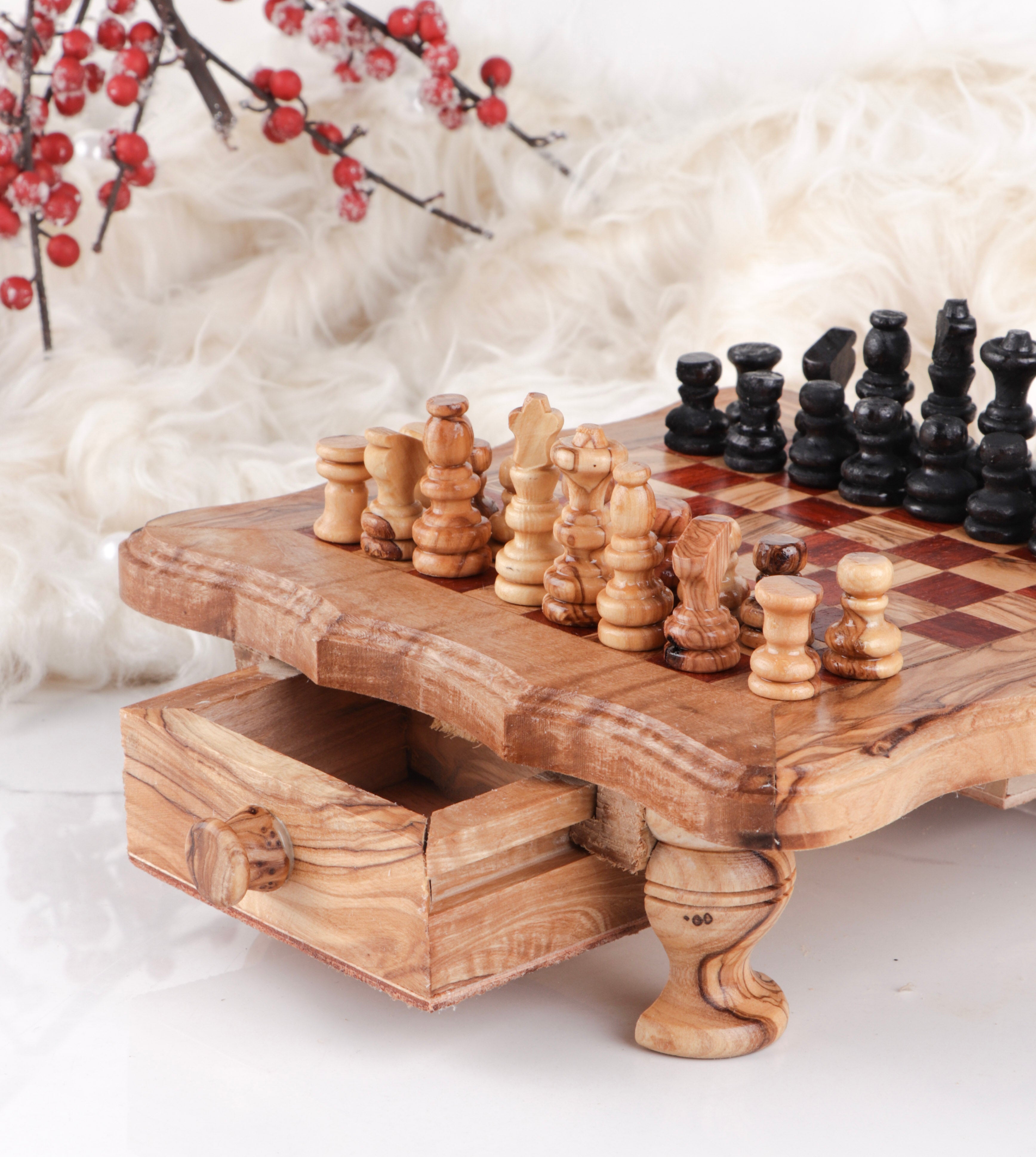 Chess Set with Wavy-Edged Board and Rustic Legs and Red Squares